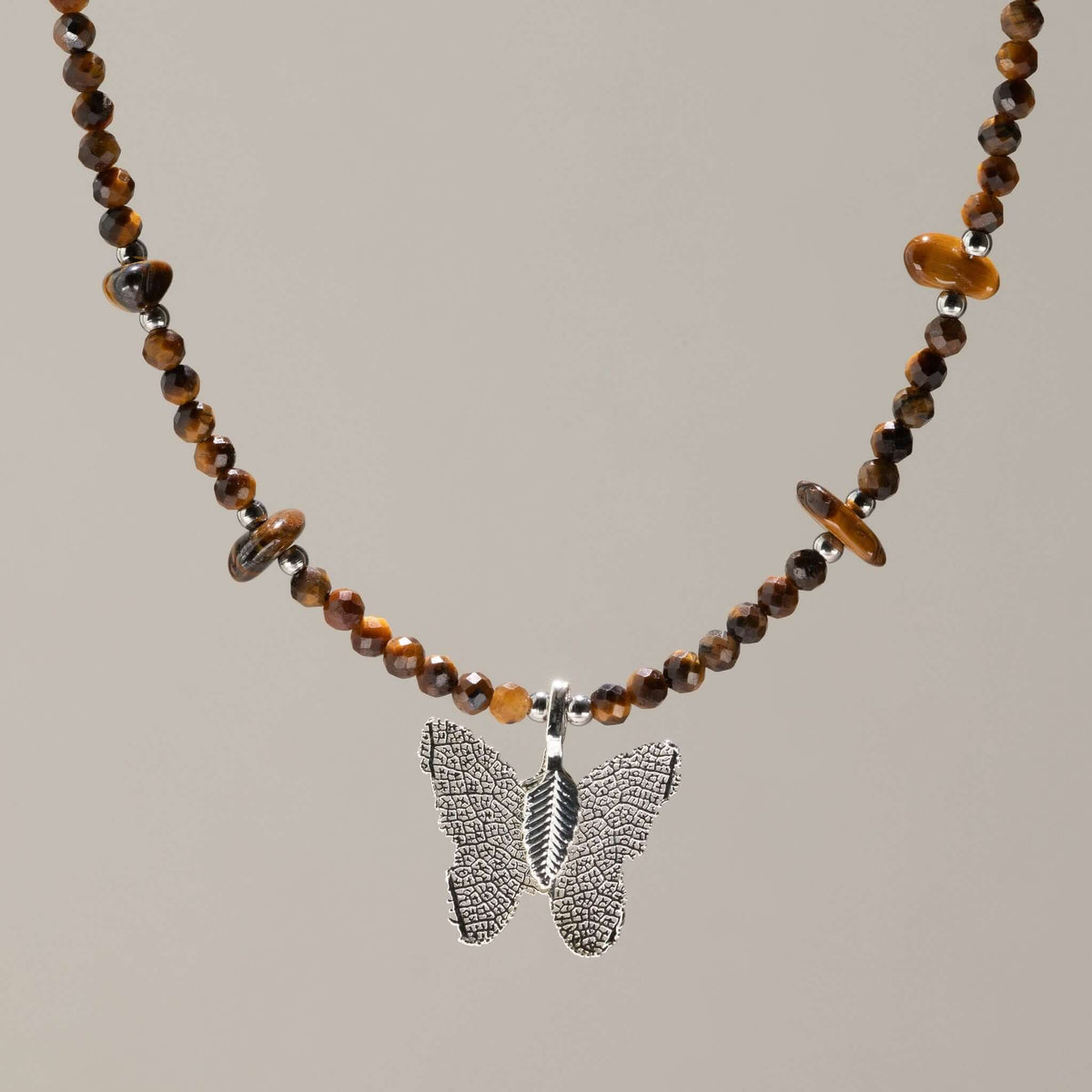 Nymph Tiger's Eye Gemstone Necklace with Real Leaf Butterfly Pendant