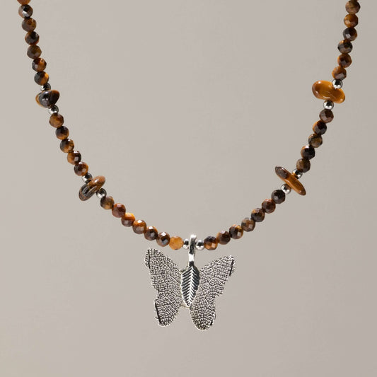 Nymph Tiger's Eye Gemstone Necklace with Real Leaf Butterfly Pendant