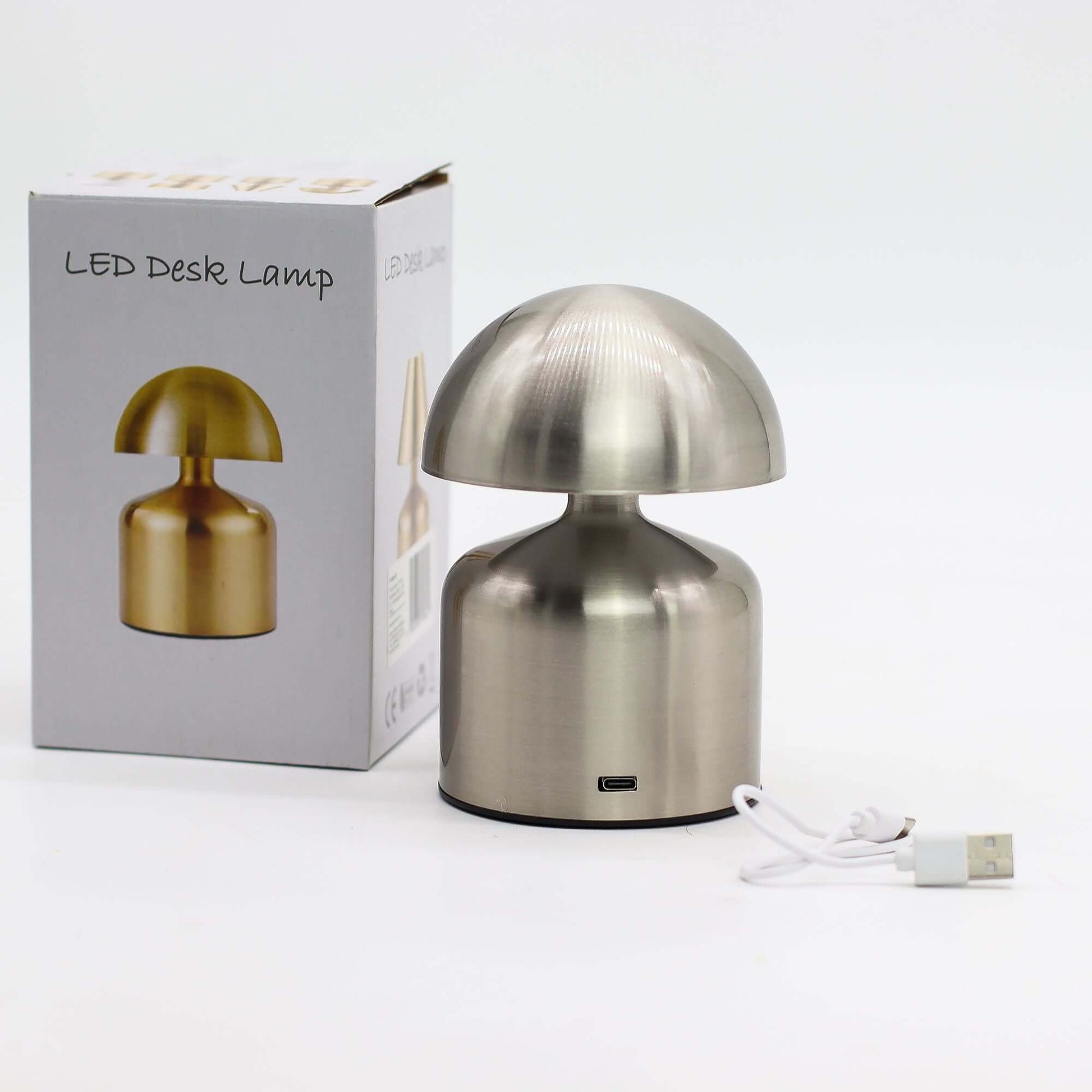 Touch Lamp Dome Mushroom silver USB lamp with charger and packaging featured prominently.