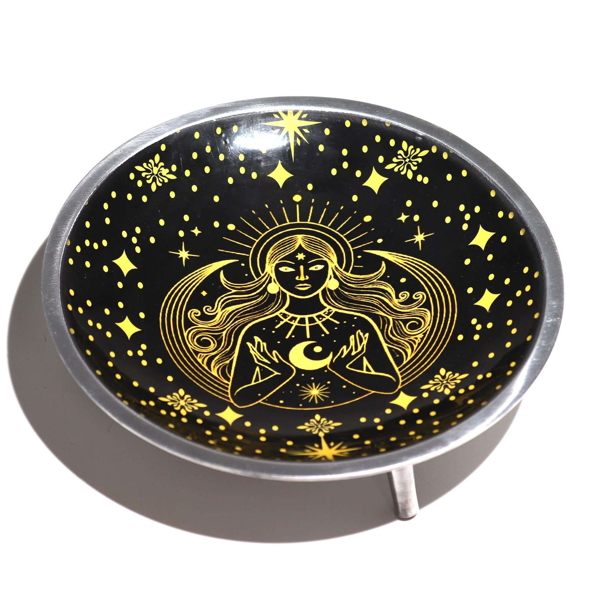Triple Leg  Enamelled  Offering Plate - Gold Goddess on Black