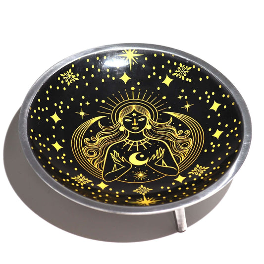 Triple Leg  Enamelled  Offering Plate - Gold Goddess on Black