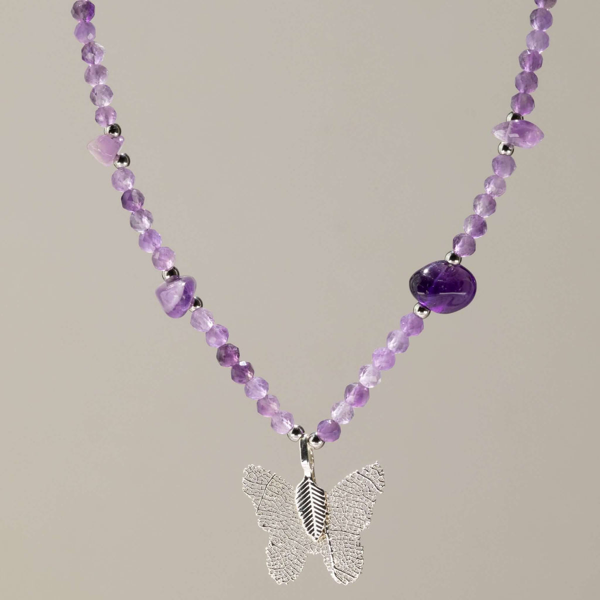 Nymph Amethyst Gemstone Necklace with Real Leaf Butterfly Pendant