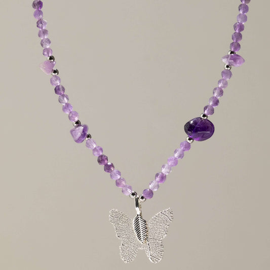 Nymph Amethyst Gemstone Necklace with Real Leaf Butterfly Pendant