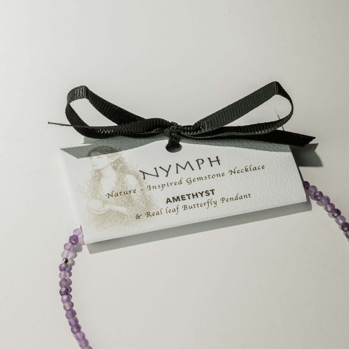 Nymph Amethyst Gemstone Necklace with Real Leaf Butterfly Pendant