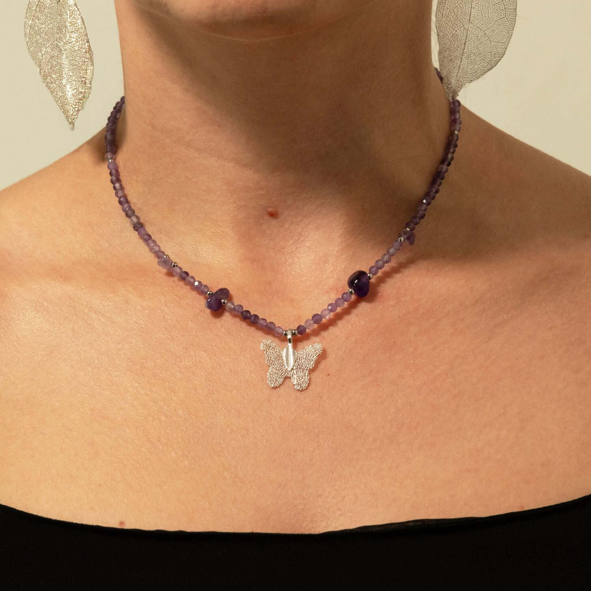 Nymph Amethyst Gemstone Necklace with Real Leaf Butterfly Pendant