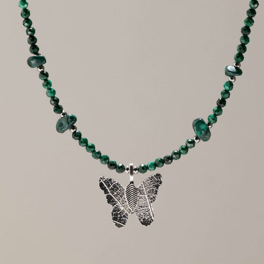 Nymph Malachite Gemstone Necklace with Real Leaf Butterfly Pendant