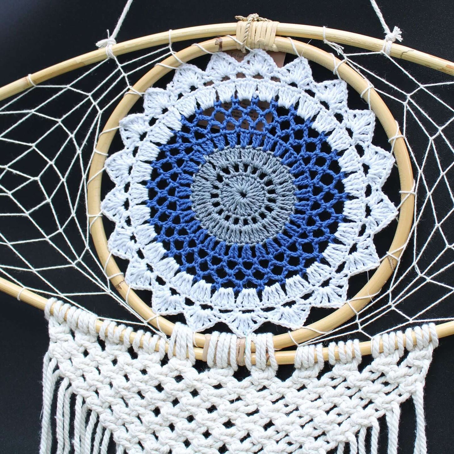Protection Dream Catcher featuring macrame design in white, blue, and grey colors with an Evil Eye motif.
