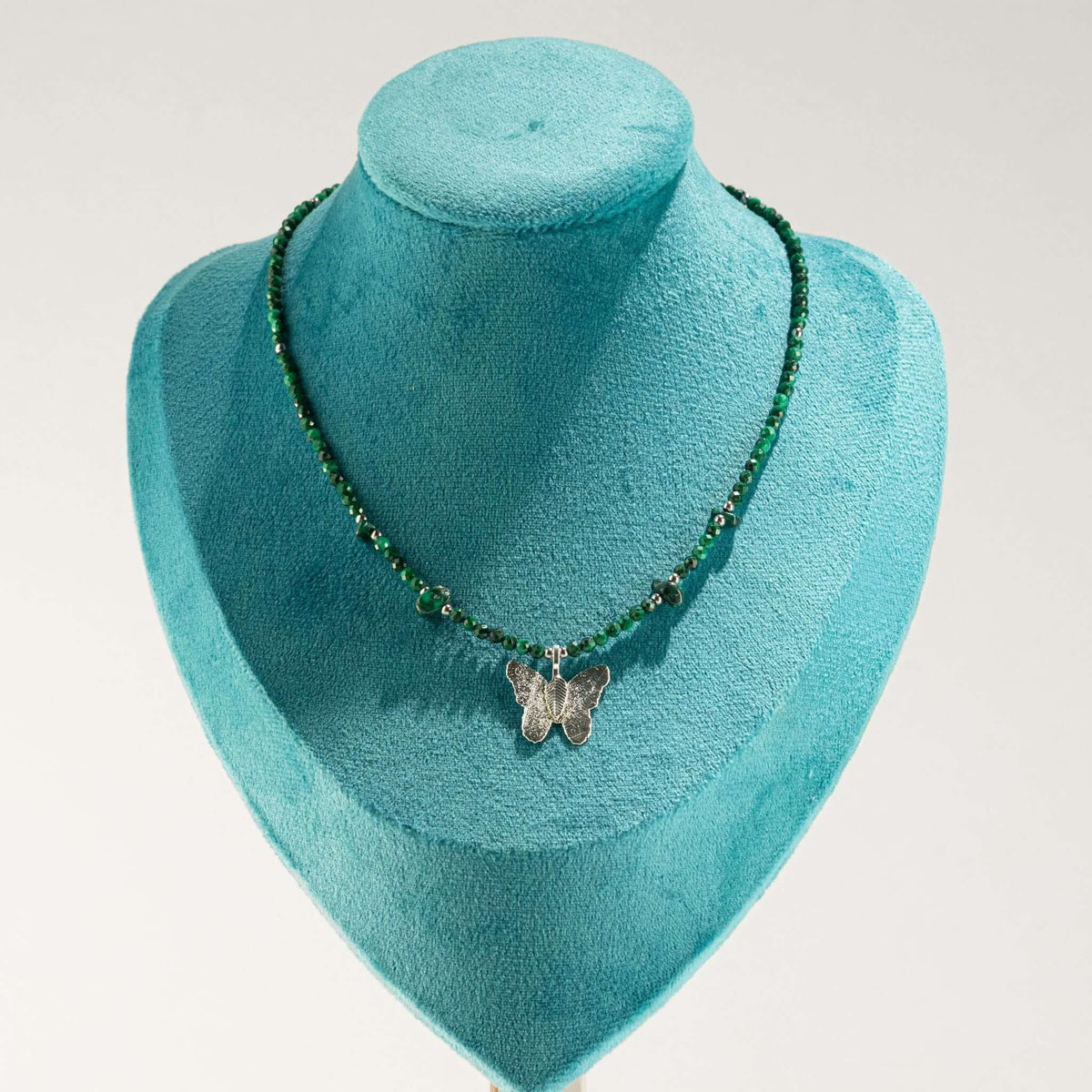 Nymph Malachite Gemstone Necklace with Real Leaf Butterfly Pendant