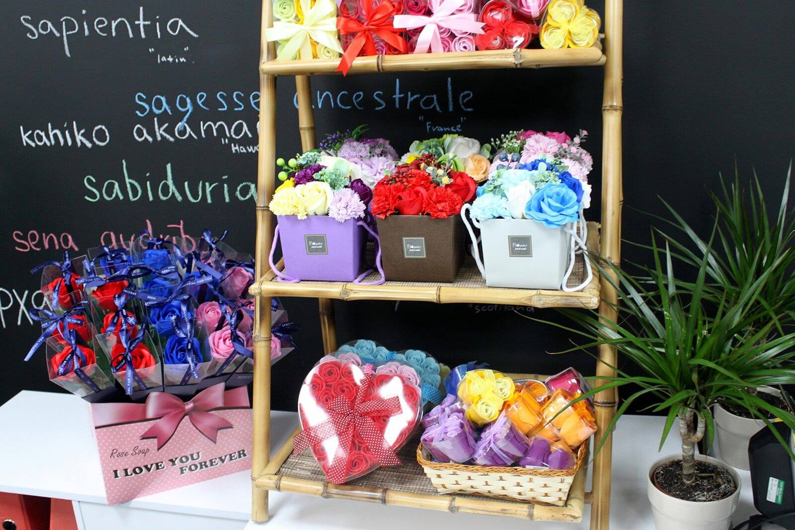 Colorful display of various Soap Flowers including Rose Soap Flower, perfect for gifts and decorative purposes.