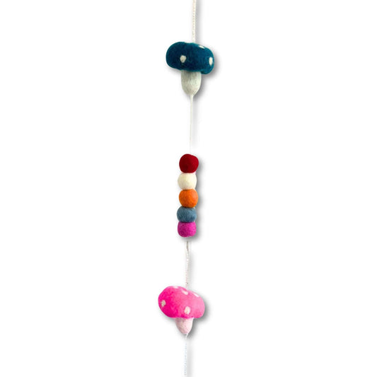 Felt Wall Hanging featuring colorful mushrooms and decorative felt beads.