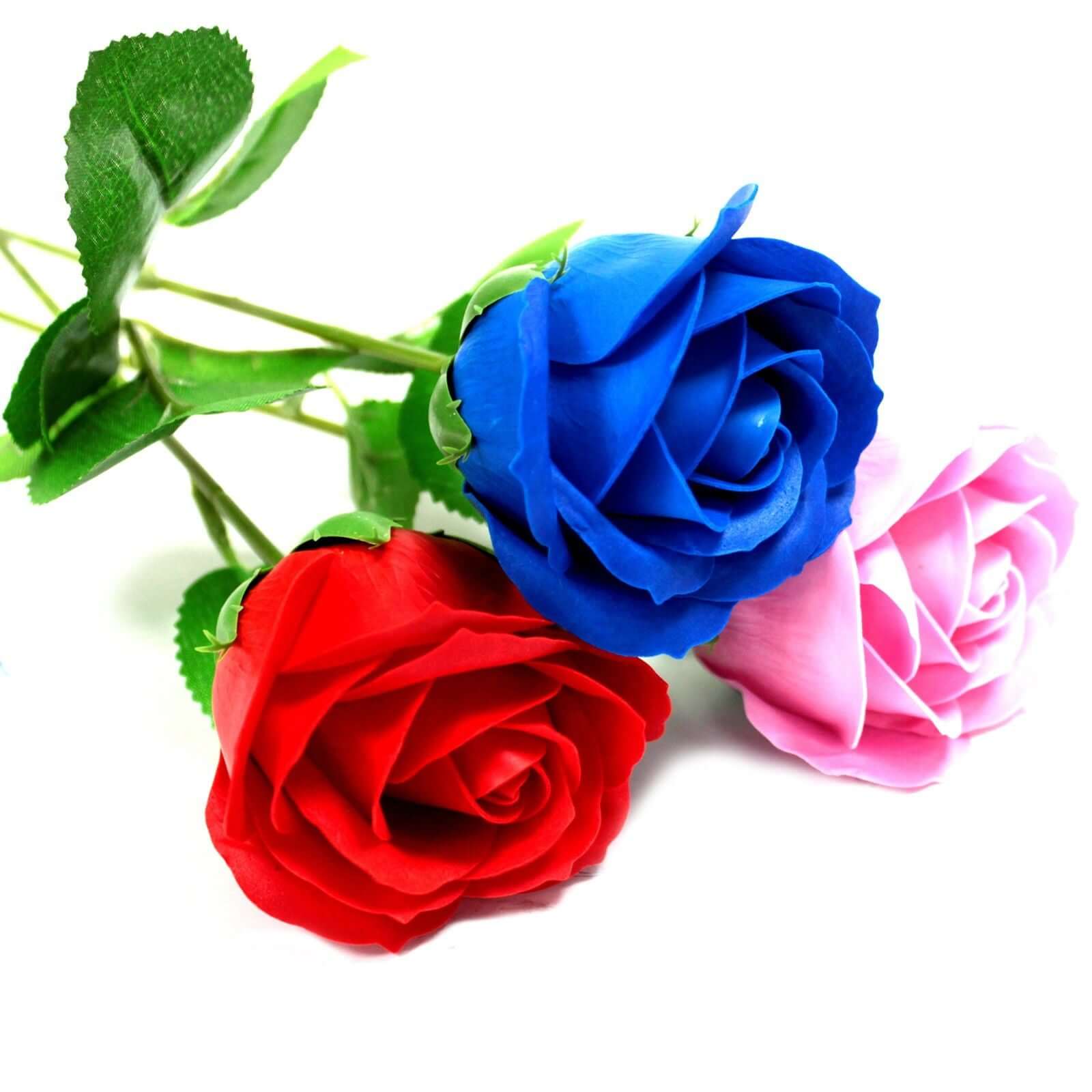 A trio of colorful rose soap flowers in red, blue, and pink, perfect for relaxation and gifts as Rose Soap Flower.