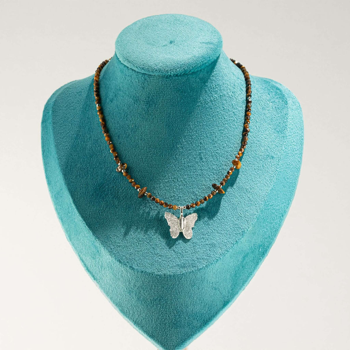 Nymph Tiger's Eye Gemstone Necklace with Real Leaf Butterfly Pendant