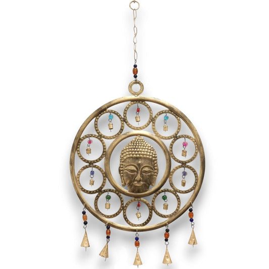 Indian Chimes Large Buddha Face 15 Bell with colorful beads and elegant brass bells, 36 cm decor.