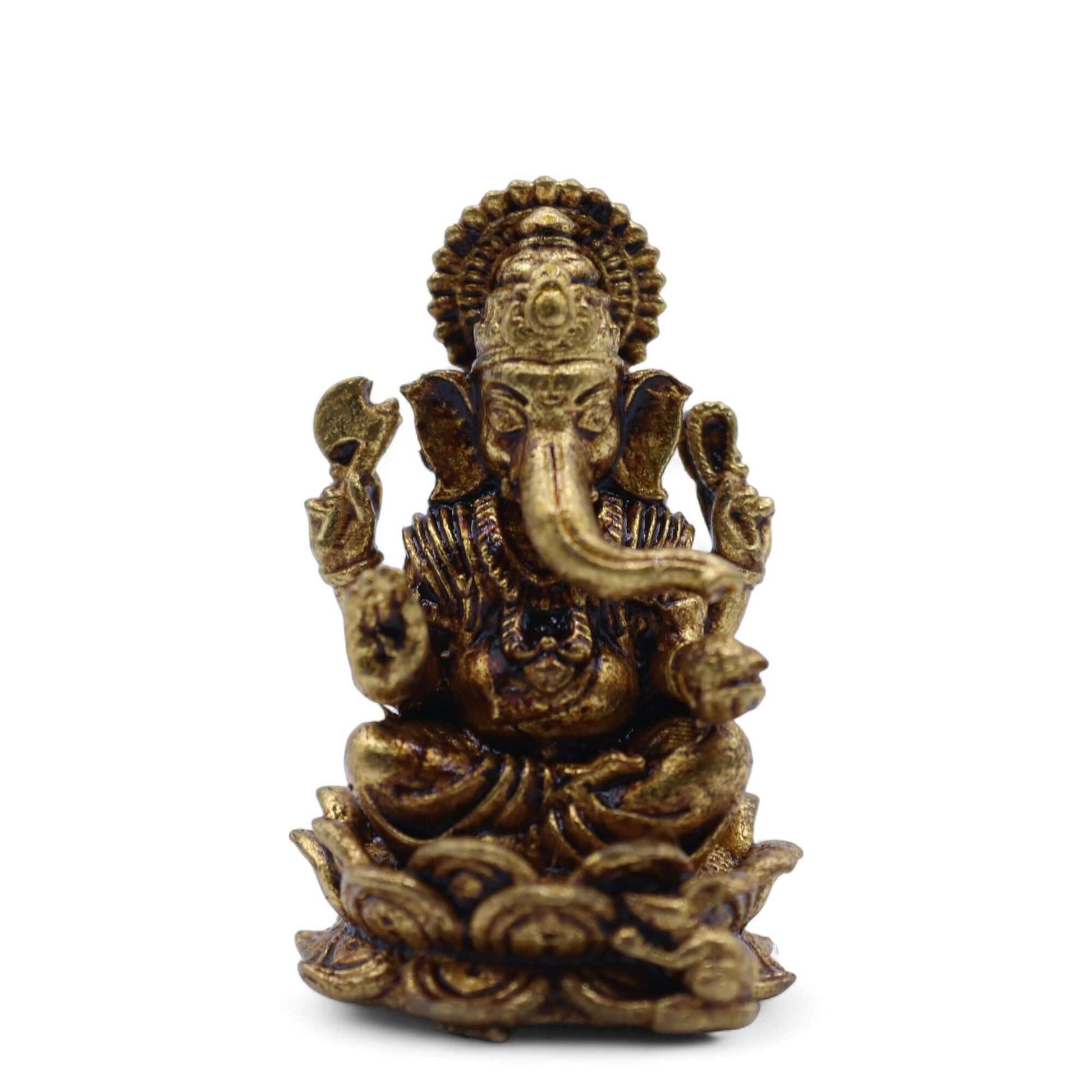 Brass Miniature Ganesha Gods figurine seated on a lotus, symbolizing prosperity and wisdom, handcrafted in India.