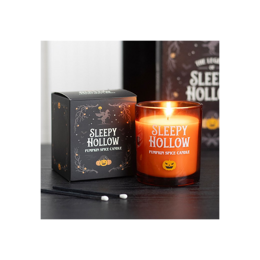 Sleepy Hollow Pumpkin Spice Candle with box on a table, featuring warm and inviting autumn fragrance.