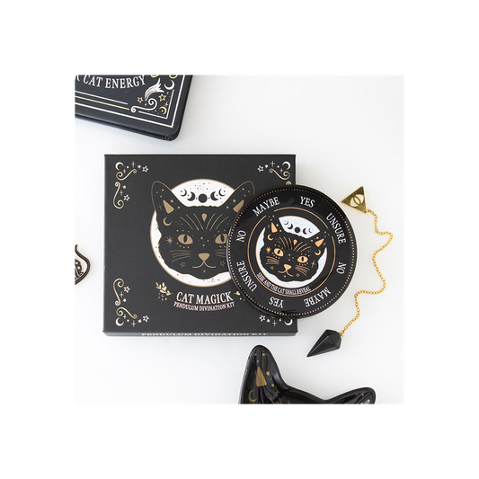 Black Cat Magick Pendulum Divination Kit with obsidian pendulum and ceramic board for spiritual guidance.