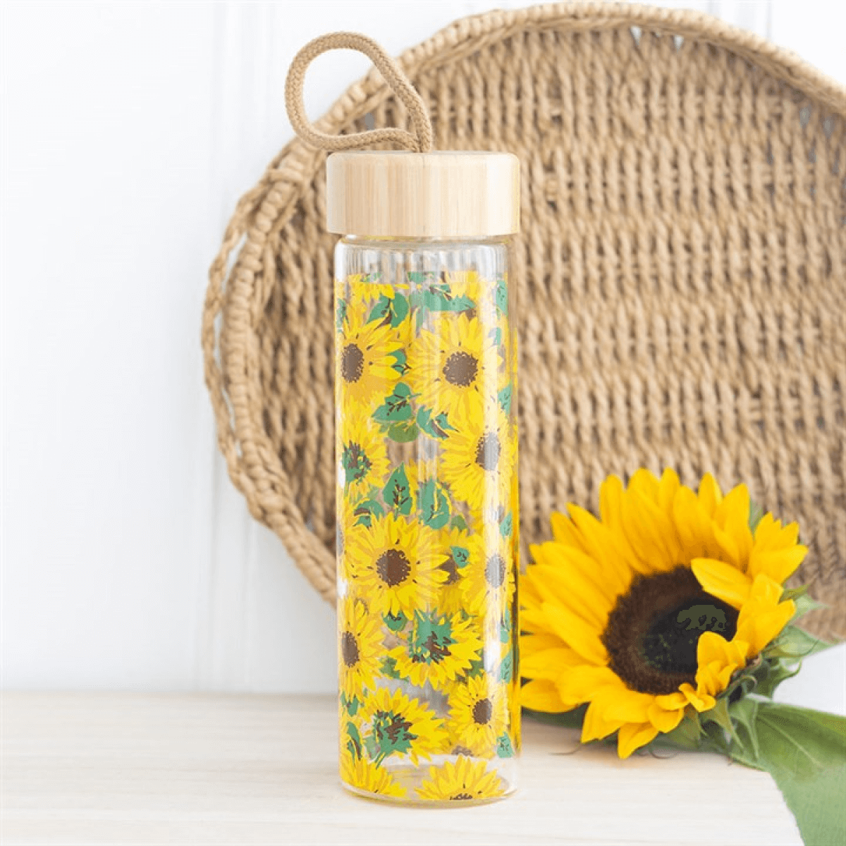 Sunflower Print Glass Water Bottle