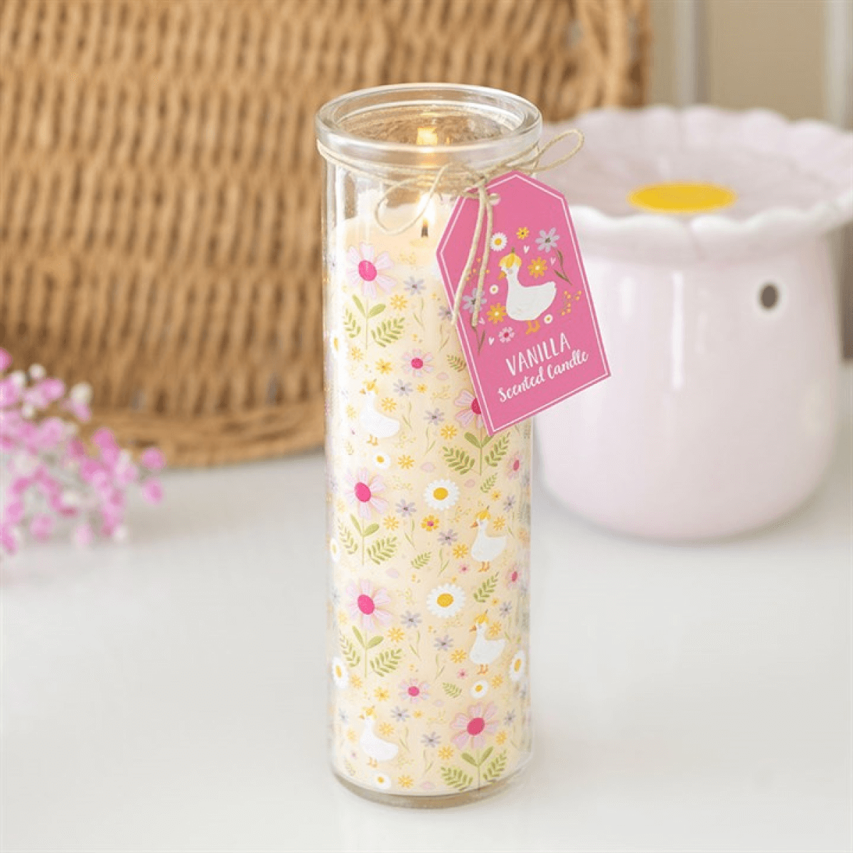 Daisy & Duck Print Vanilla Tube Candle in tall glass tube, ideal for home decor and gifting.