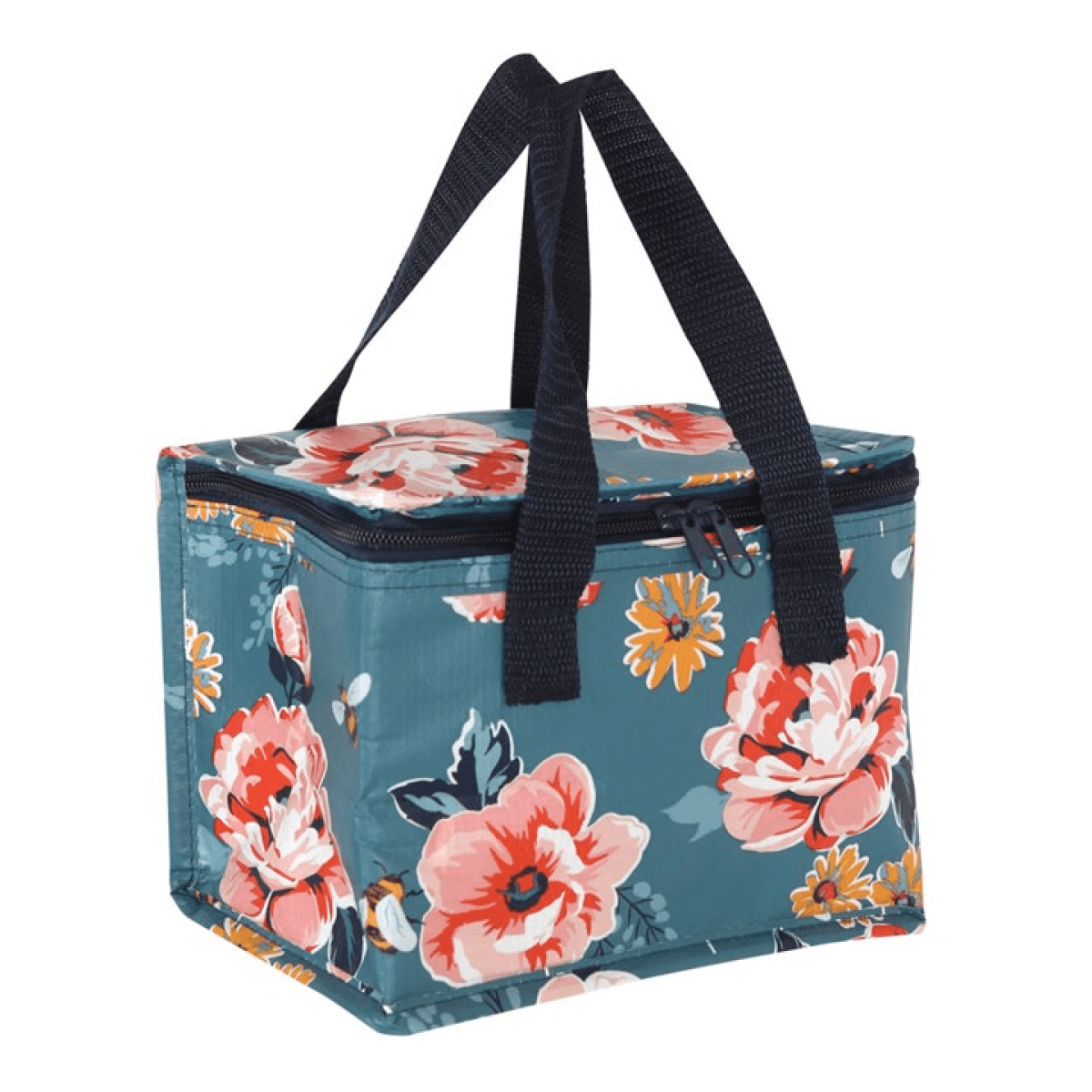 Floral-patterned cooler bag with black handles on a white background