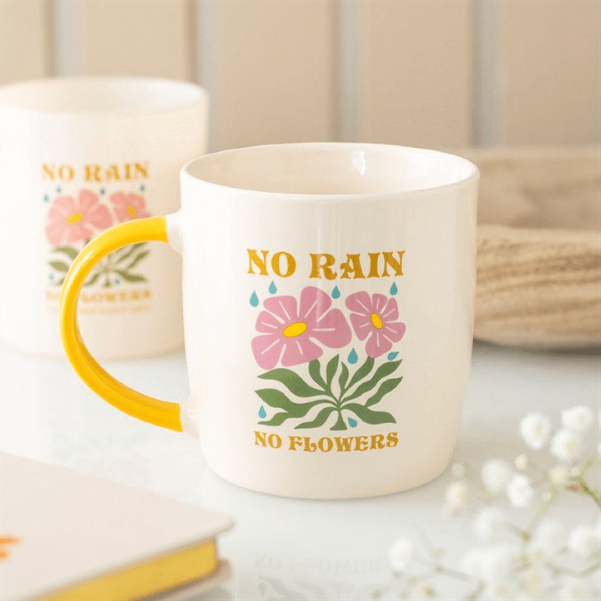 No Rain, No Flowers Mug with colorful floral design and yellow handle, perfect for brightening mornings.