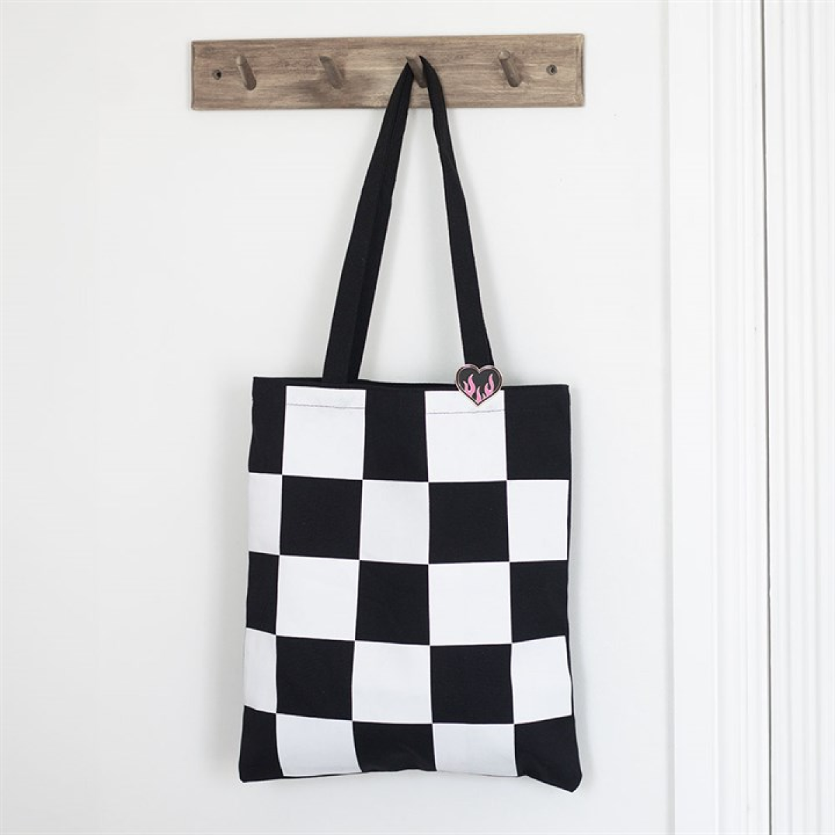Checkerboard Print Polycotton Tote Bag with Enamel Heart Pin Badge N/A