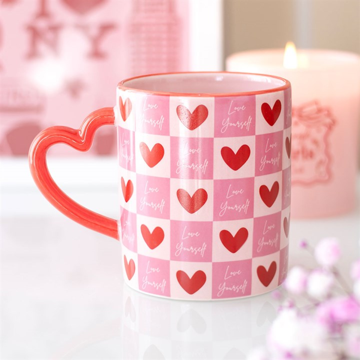 Love Yourself Checkered Mug with Heart Handle N/A