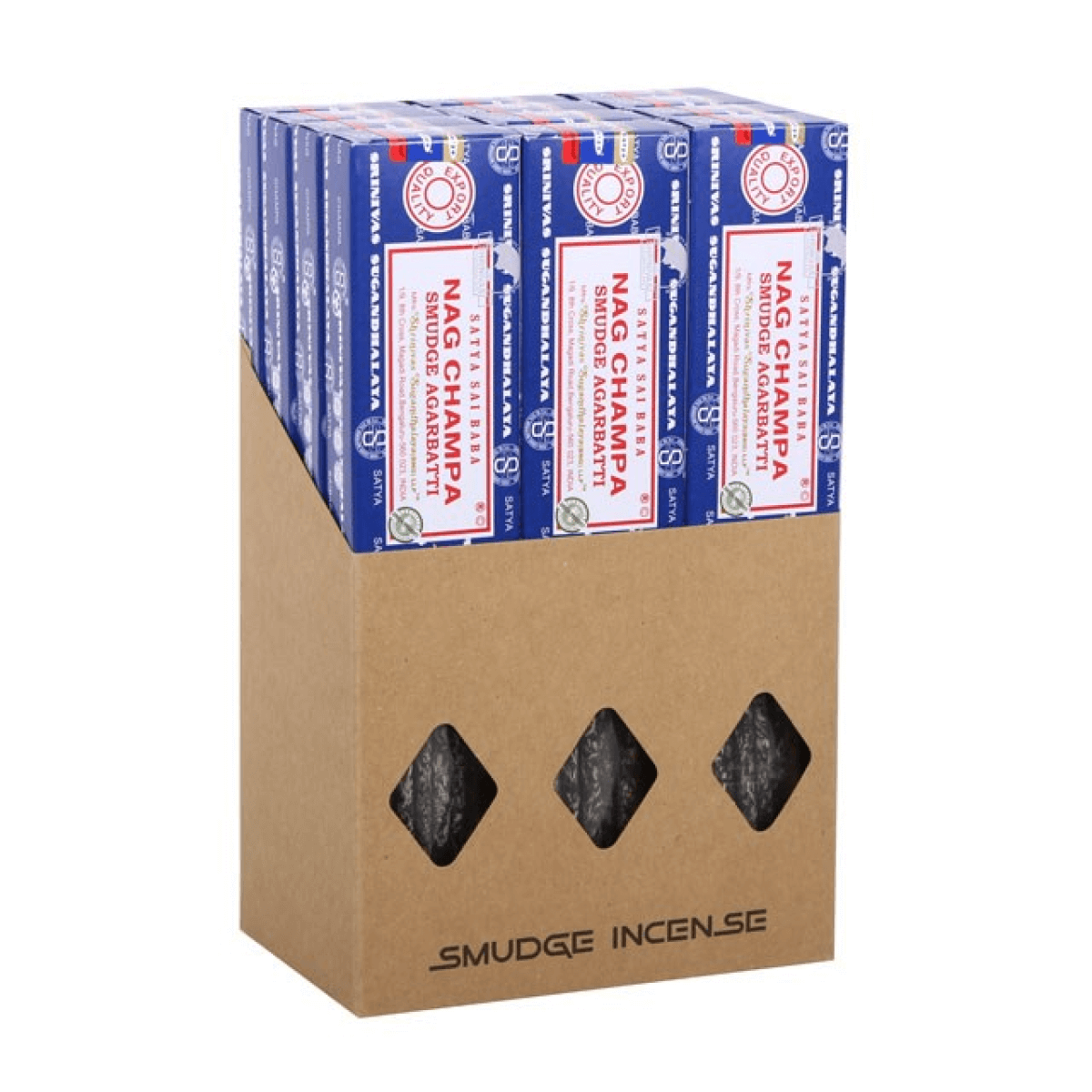 Box of Nag Champa incense sticks with a cardboard box on a white background