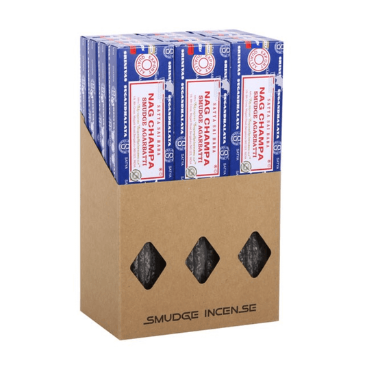 Box of Nag Champa incense sticks with a cardboard box on a white background