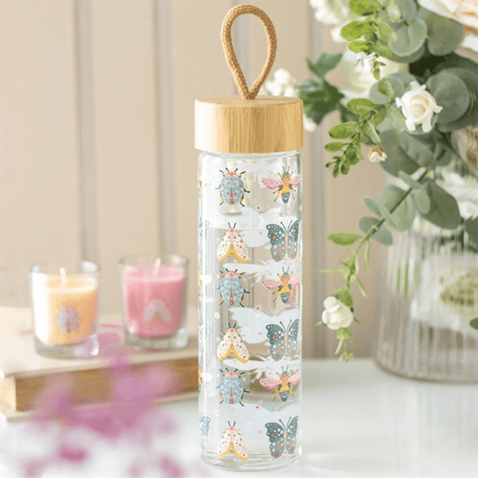 Floral Bug Print Glass Water Bottle