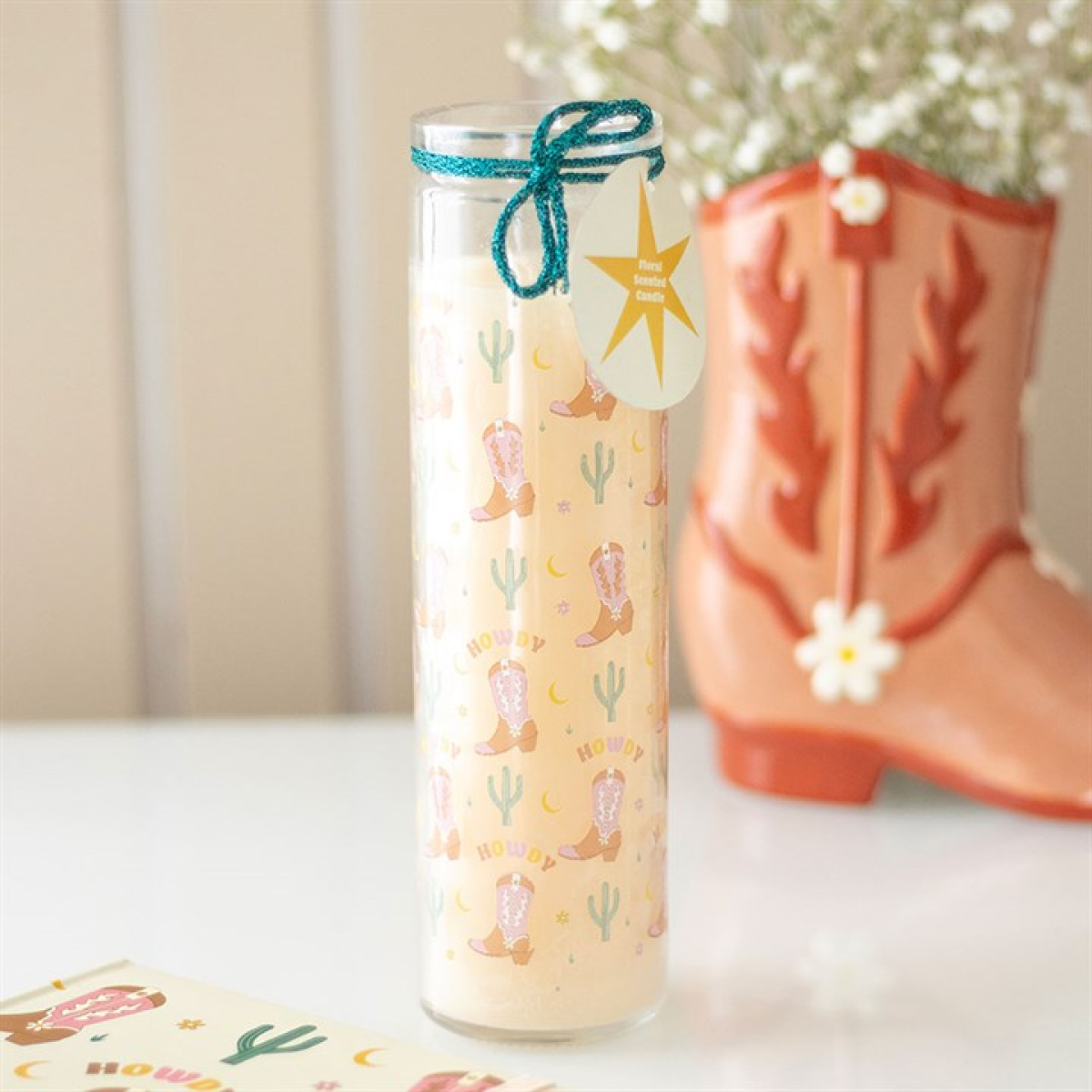 Howdy Cowboy Boot Print Floral Tube Candle N/A