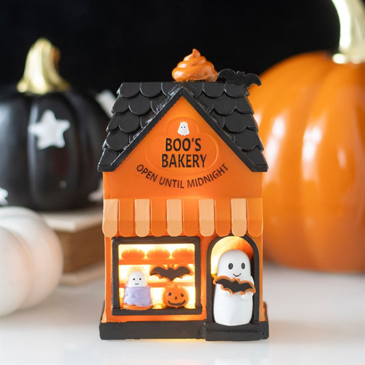 Boo's Bakery Light Up LED Decoration with ghosts and pumpkin, perfect for festive decor.