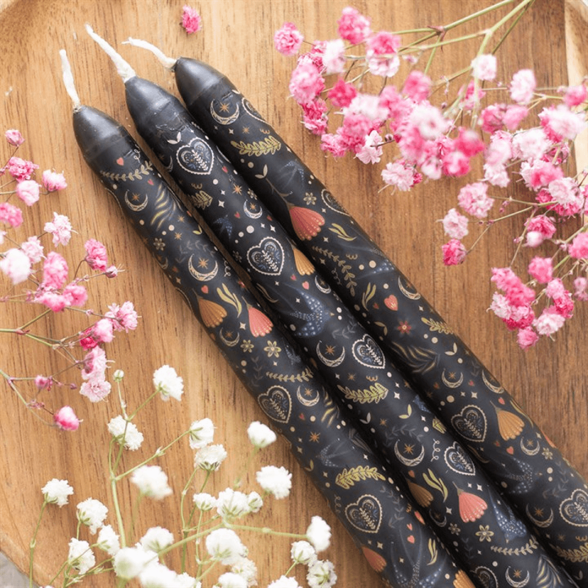 Set of 3 Black Midnight Print Taper Candles N/A