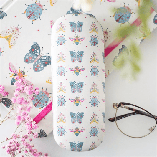 Eyeglass case with butterfly design on a floral background