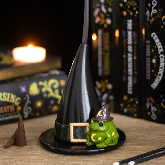 Magic Toad and Witch Hat Incense Cone Holder, perfect for witchy decor and Halloween, featuring a cute toad companion.