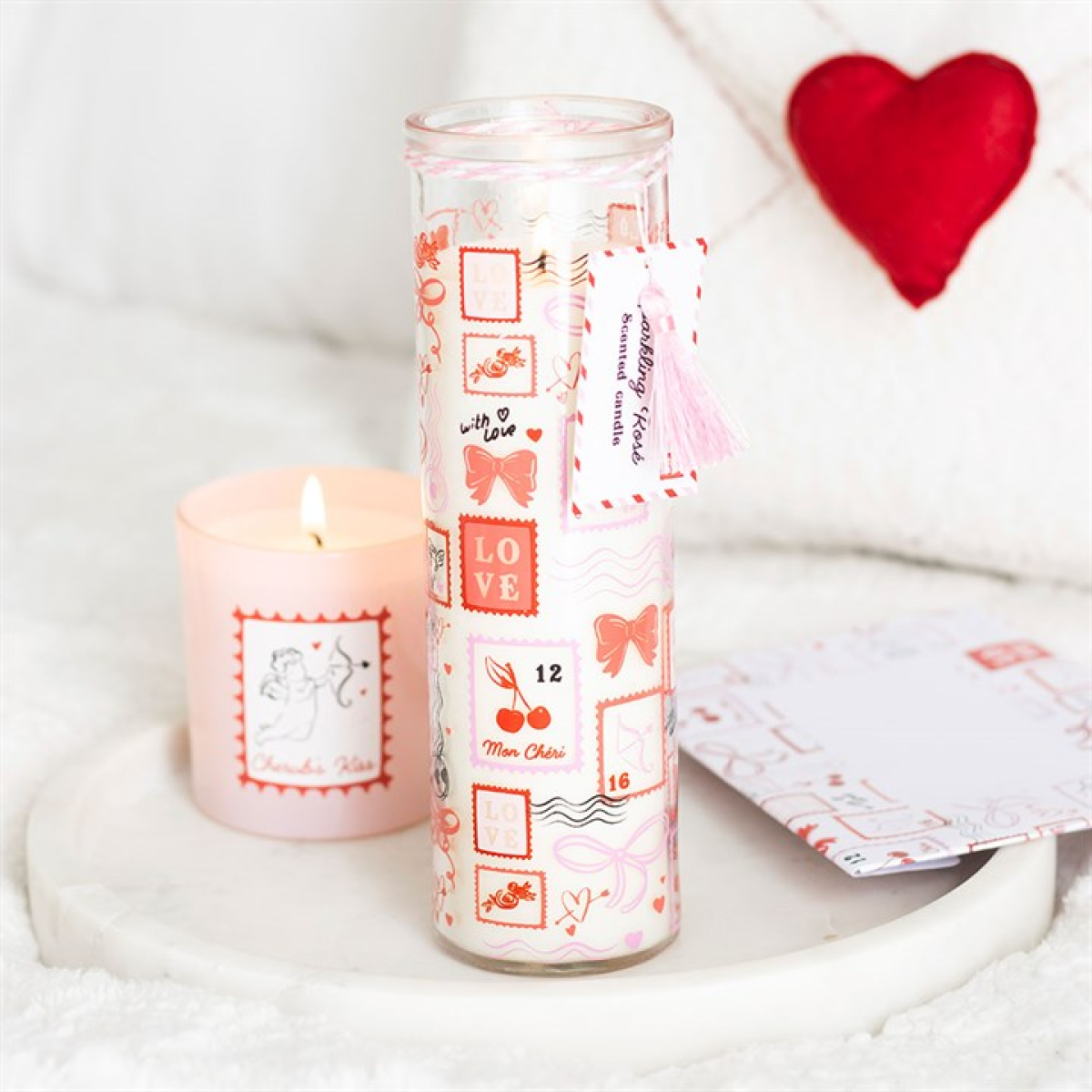 Valentine Postage Stamp Print Sparkling Rose Tube Candle N/A