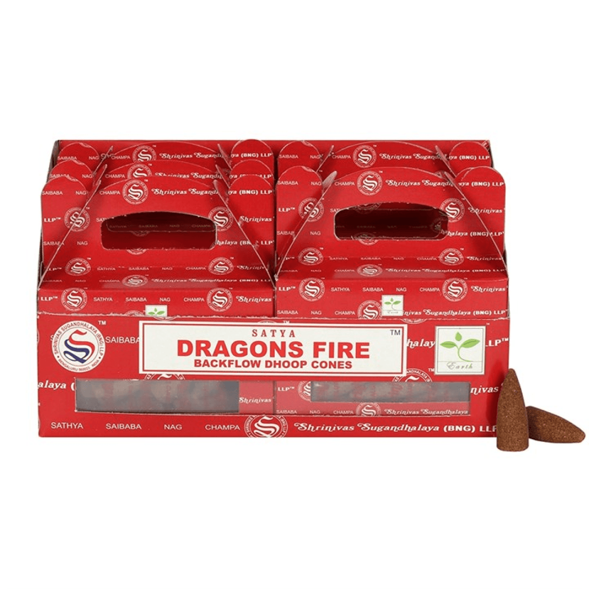 Red packaging of Sattva Dragons Fire Backflow Dhoop Cones on a white background