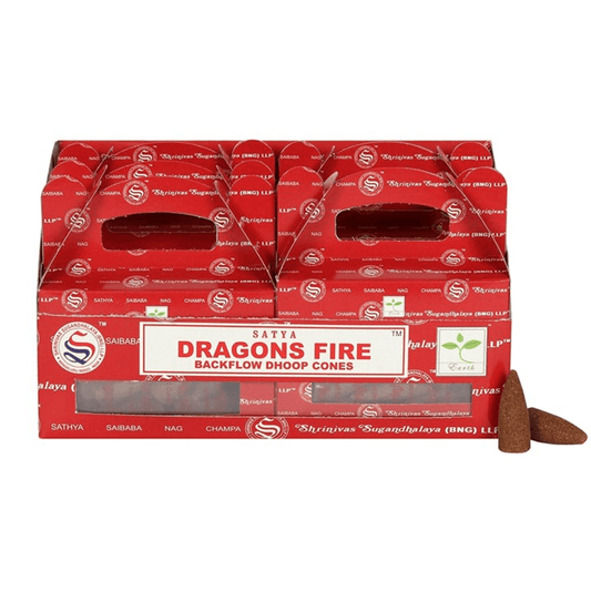 Red packaging of Sattva Dragons Fire Backflow Dhoop Cones on a white background
