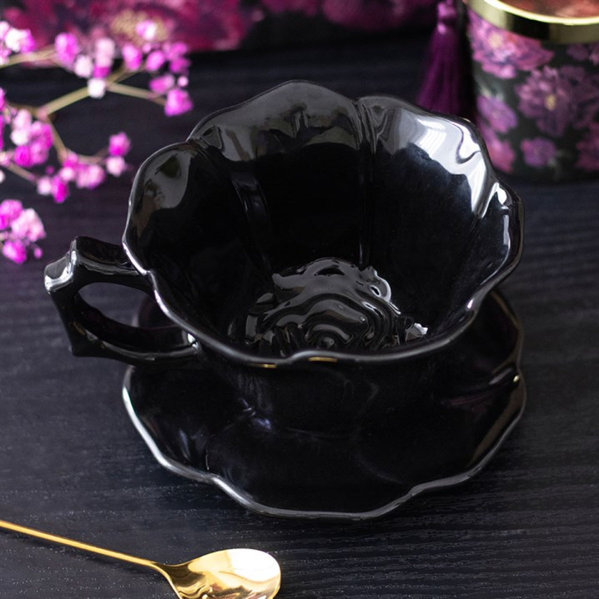 Black Rose Teacup and Saucer N/A