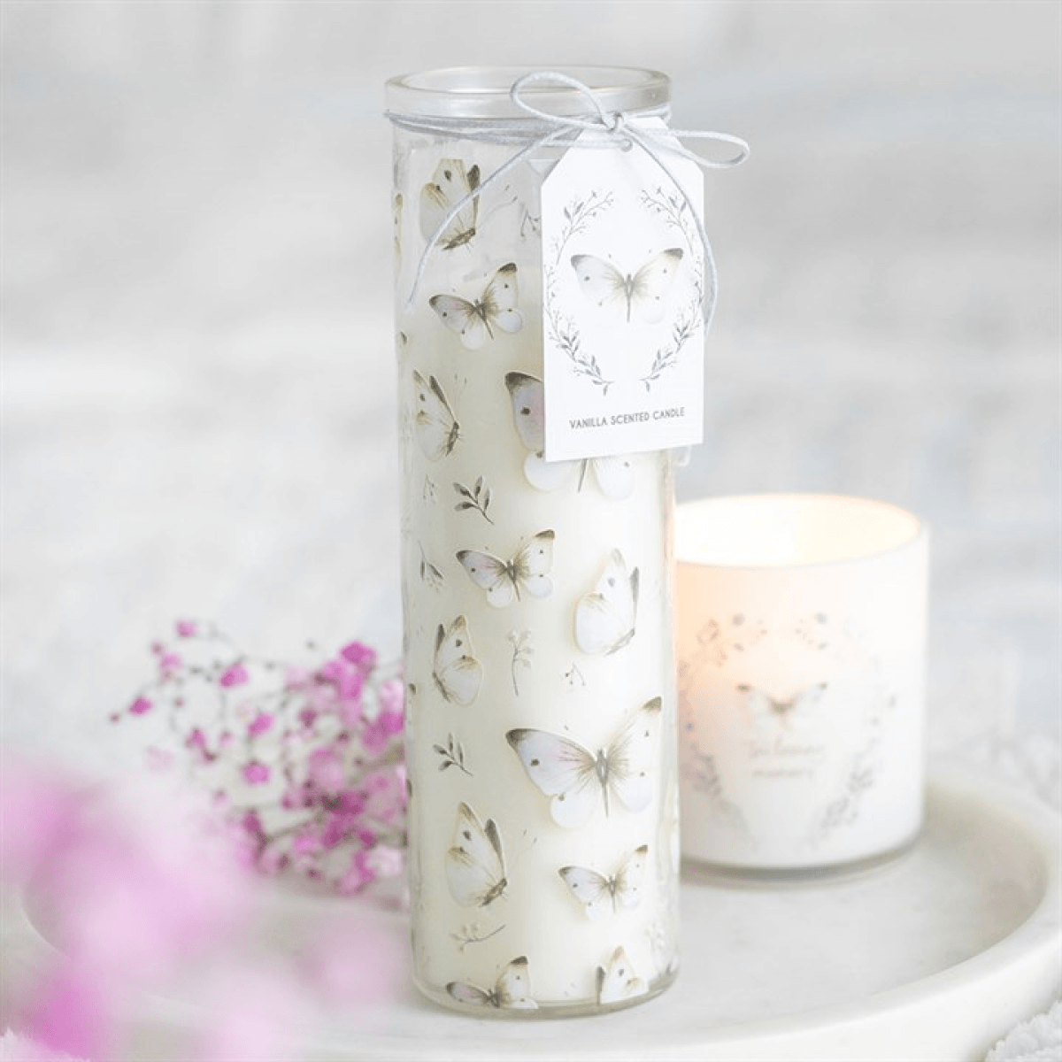 White Butterfly Print Vanilla Tube Candle N/A