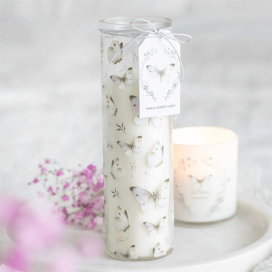 White Butterfly Print Vanilla Tube Candle N/A