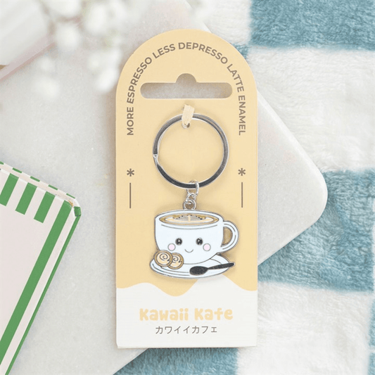 Kawaii Latte Keyring featuring a cute smiling latte cup on a tag, perfect for adding charm to keys.