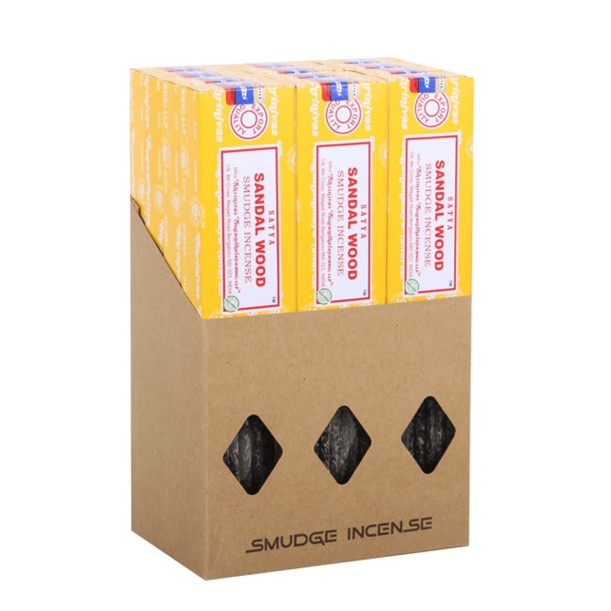Box of Sandalwood incense sticks with a cardboard box on a white background