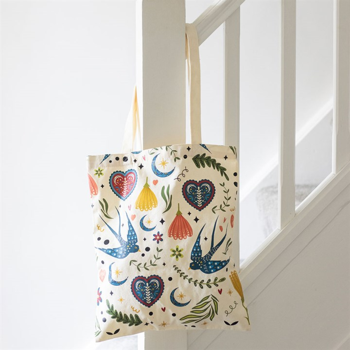 Cream Folk Print Polycotton Tote Bag N/A