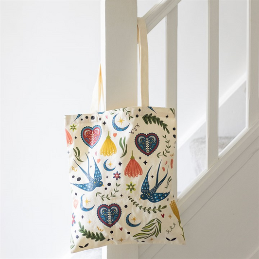 Cream Folk Print Polycotton Tote Bag N/A