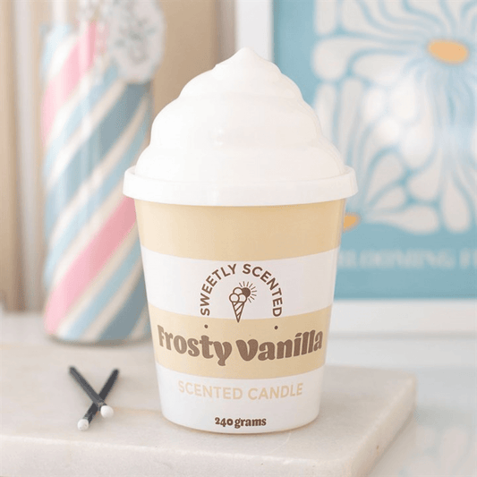 Frosty Vanilla Ice Cream Scented Candle in a ceramic cup with a swirled lid, perfect for home decor and gifts.