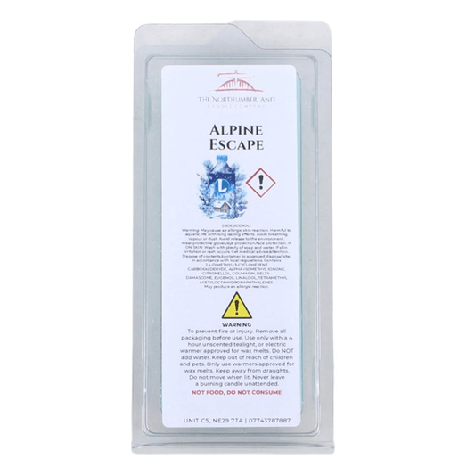 Alpine Escape 50g wax melt snap bar, featuring lemon, tea tree, and eucalyptus scents for home fragrance.