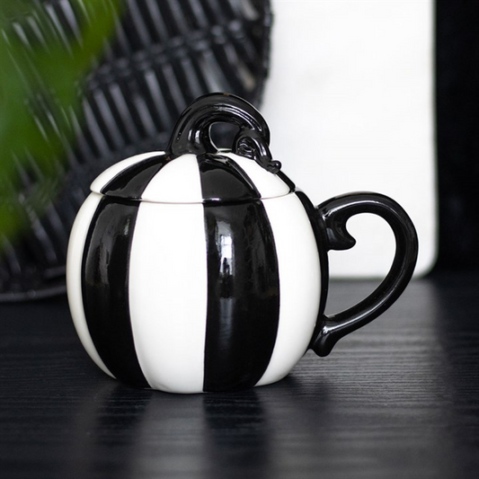 Black and White Striped Pumpkin Lidded Mug N/A