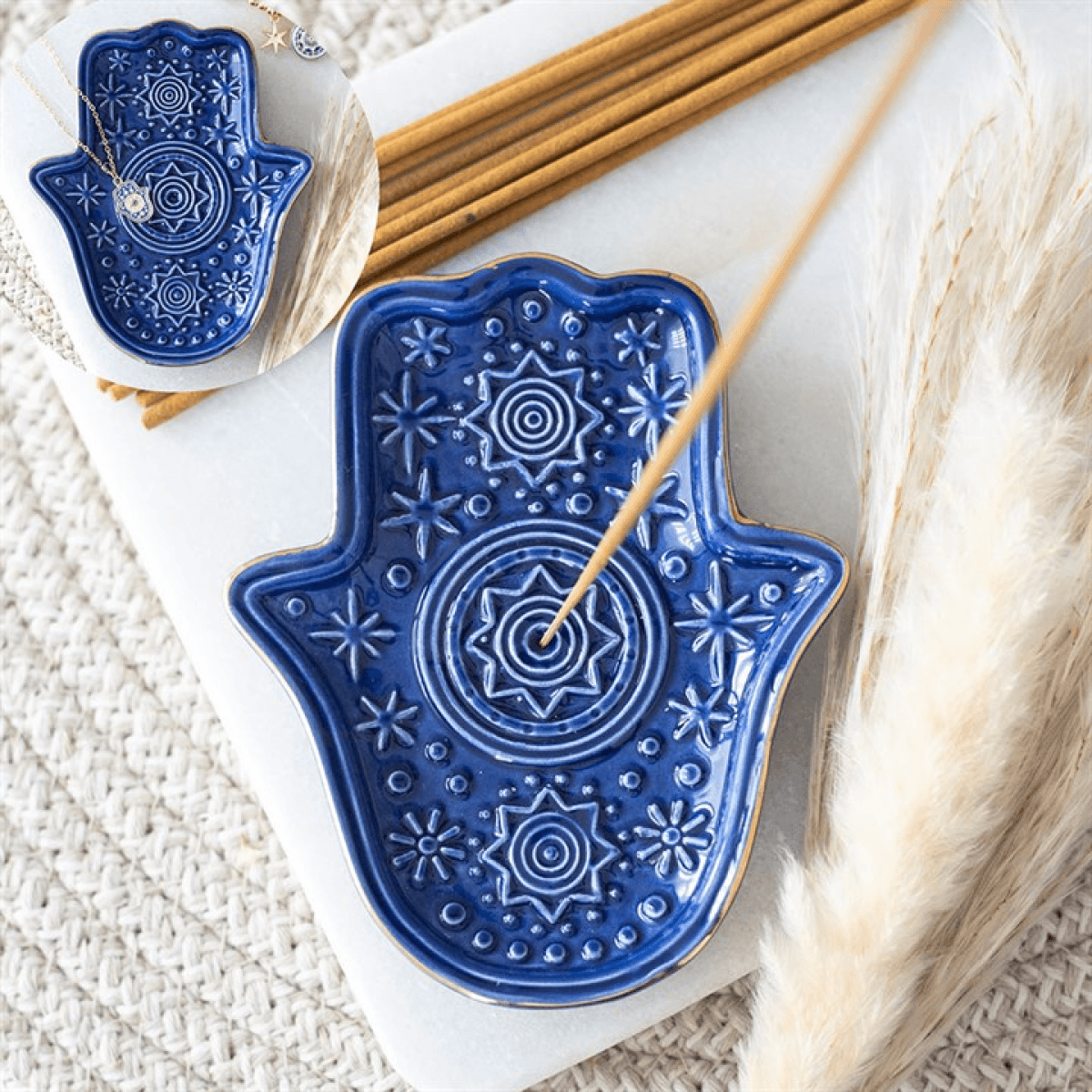 Dark Blue Hand of Hamsa Incense Holder and Trinket Dish N/A