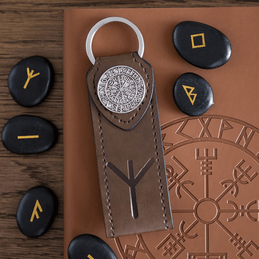 Leather keychain with Viking Runes design on a brown leather book with embossed runes.