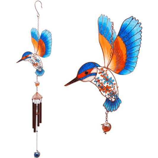 Decorative wind chime shaped like a bird with blue and orange colors on a white background